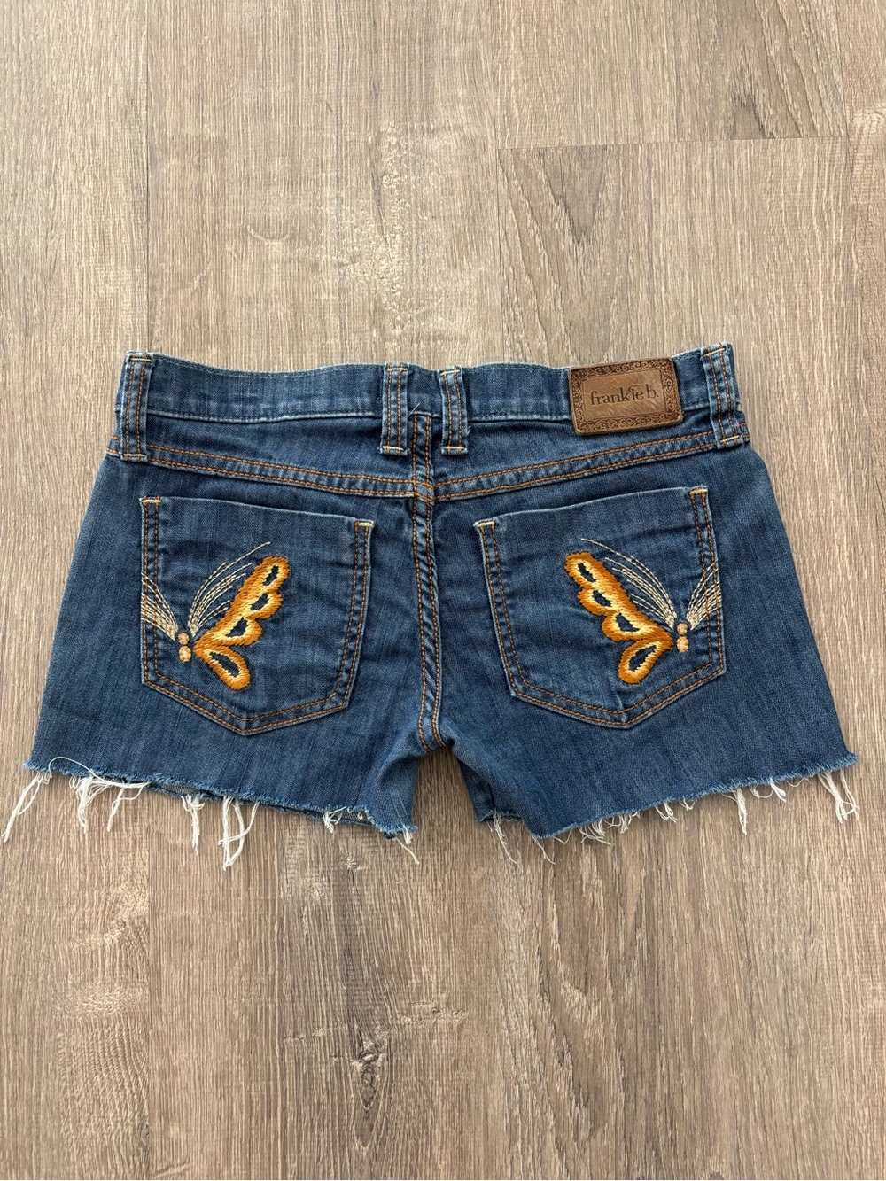 Y2k Vintage Frankie B. Low Waisted Denim Shorts with Yellow Butterfly Embroidery